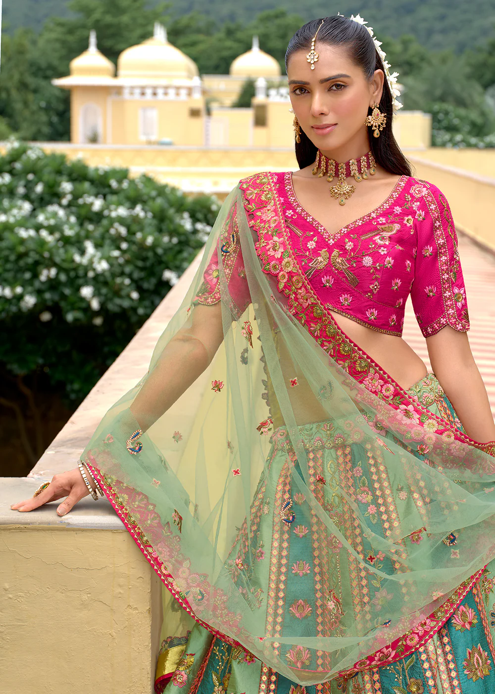Exclusive Multi Green Silk Bridal Designer Lehenga Choli - Image 2