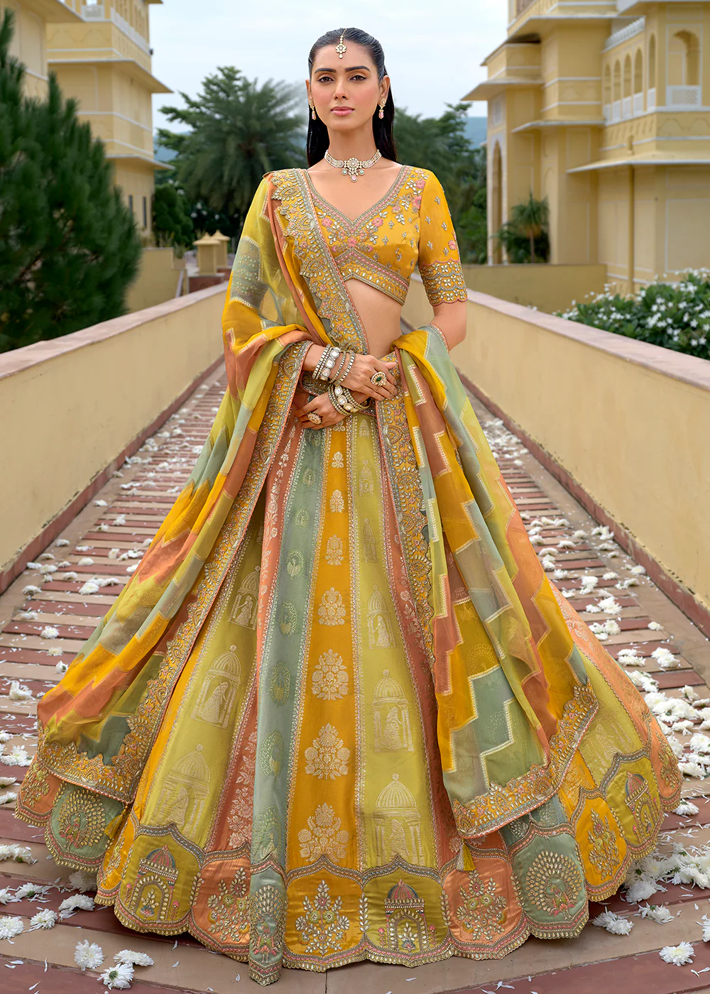 Exclusive Multi Yellow Silk Bridal Designer Lehenga Choli