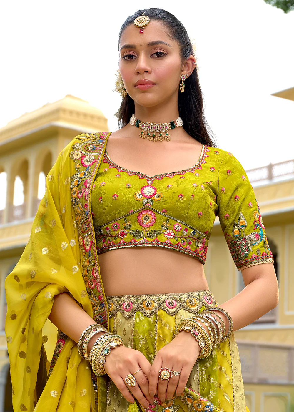 Exclusive Yellow & Green Silk Bridal Designer Lehenga Choli - Image 2