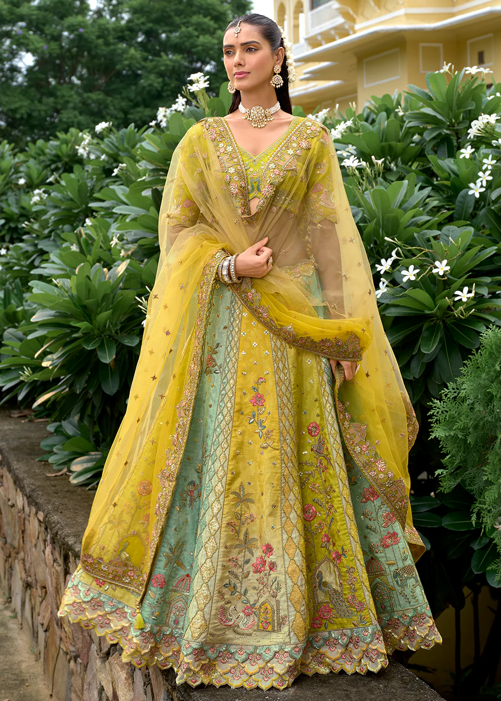 Exclusive Yellow & Green Silk Bridal Designer Lehenga Choli
