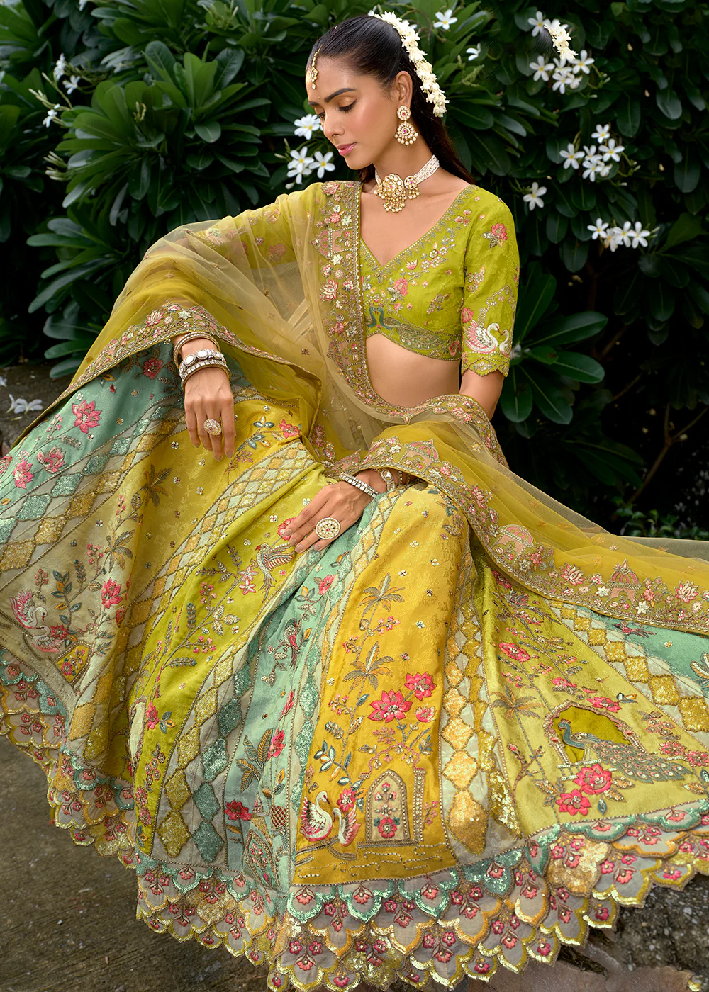 Exclusive Yellow & Green Silk Bridal Designer Lehenga Choli - Image 2