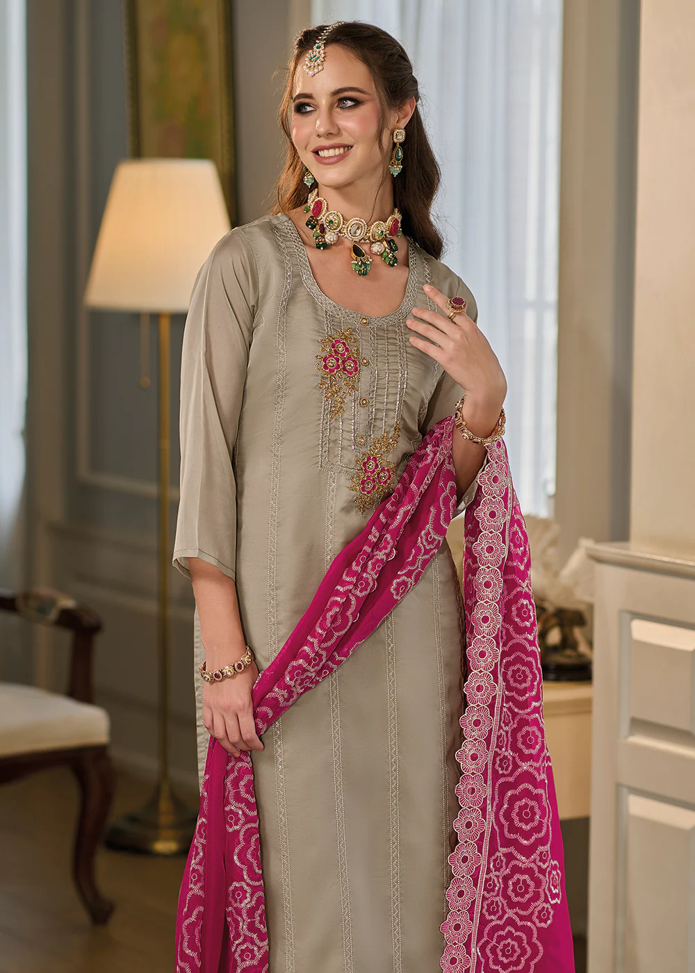 Exquisite Beige Soft Organza Embroidered Eid Wear Salwar Suit - Image 2