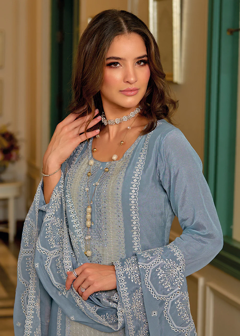 Exquisite Blue Premium Silk Festive Wear Salwar Suit - Image 2