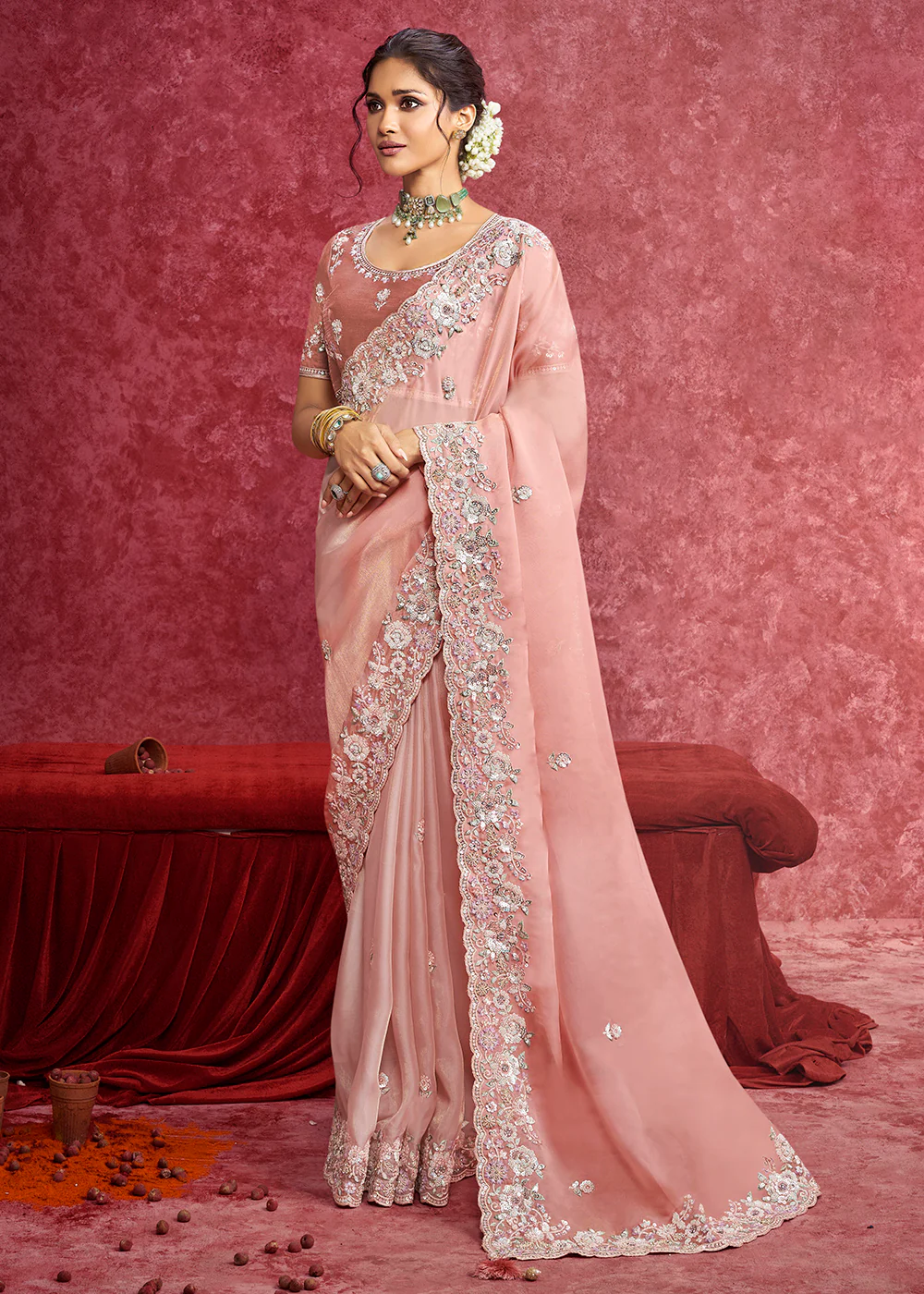 Exquisite Blush Pink Embroidered Wedding Wear Saree