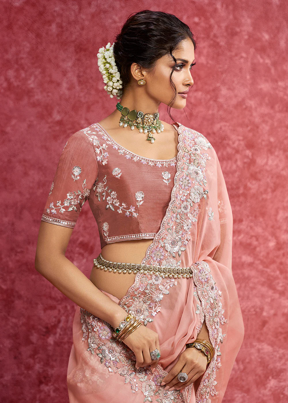 Exquisite Blush Pink Embroidered Wedding Wear Saree - Image 2