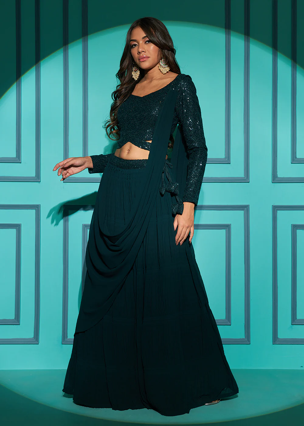 Exquisite Dark Green Georgette Wedding Party Lehenga Choli - Image 3