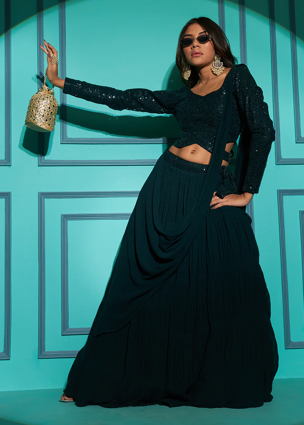 Exquisite Dark Green Georgette Wedding Party Lehenga Choli - Image 5