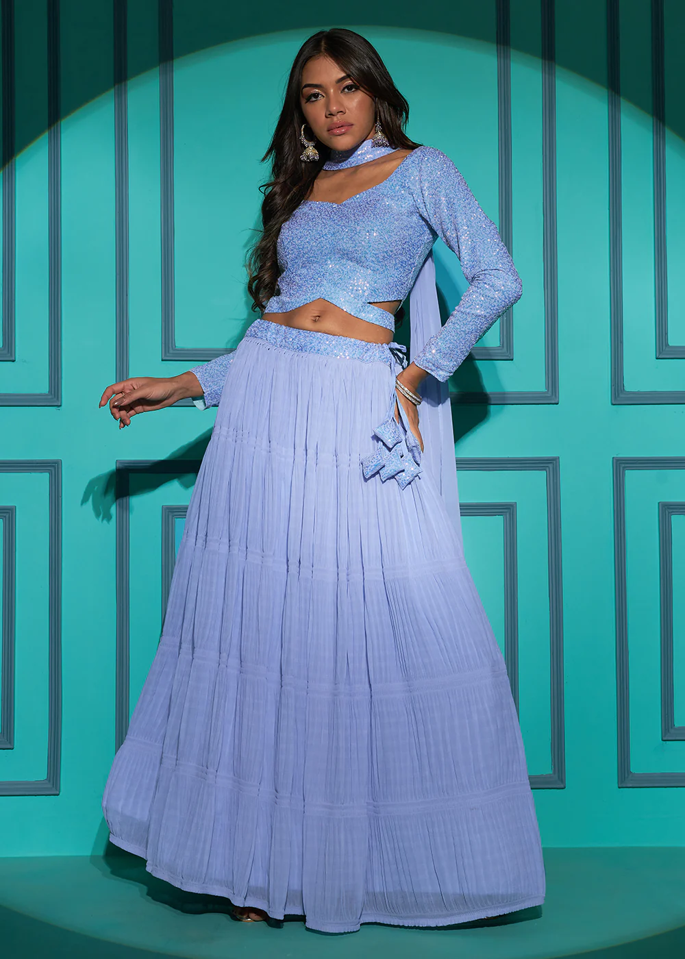 Exquisite Dusty Blue Georgette Wedding Party Lehenga Choli - Image 3