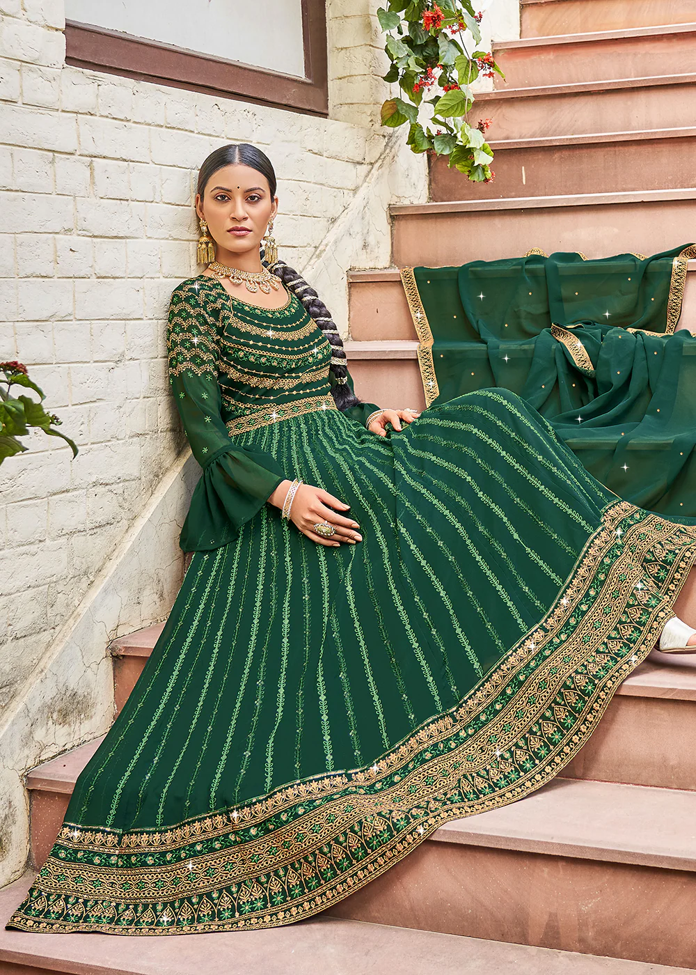 Exquisite Green Georgette Fabric Wedding Wear Anarkali Suit - Image 3