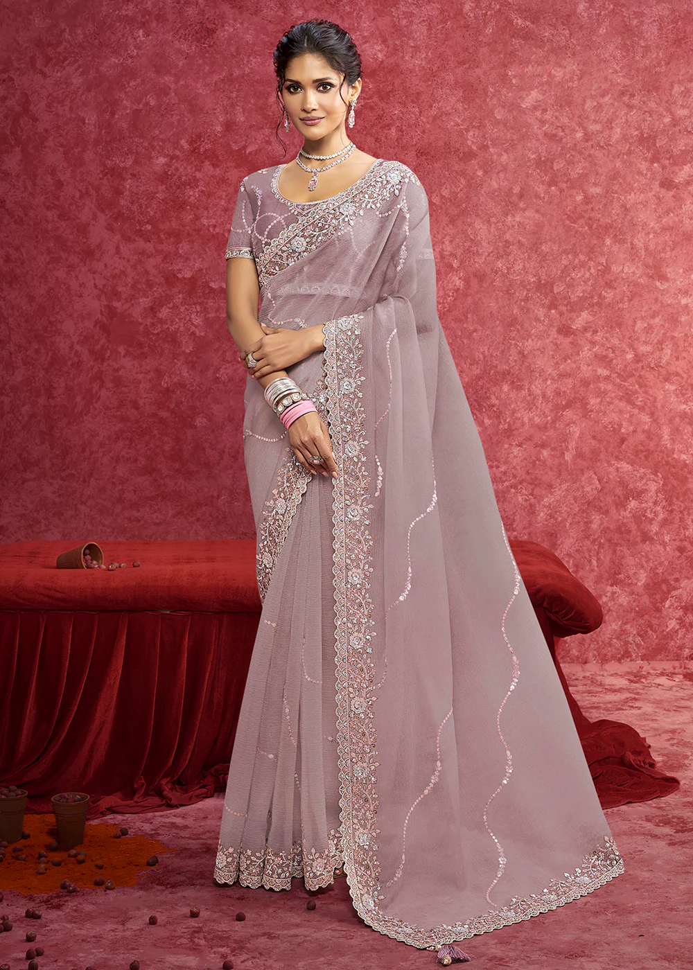 Exquisite Mauve Embroidered Wedding Wear Saree