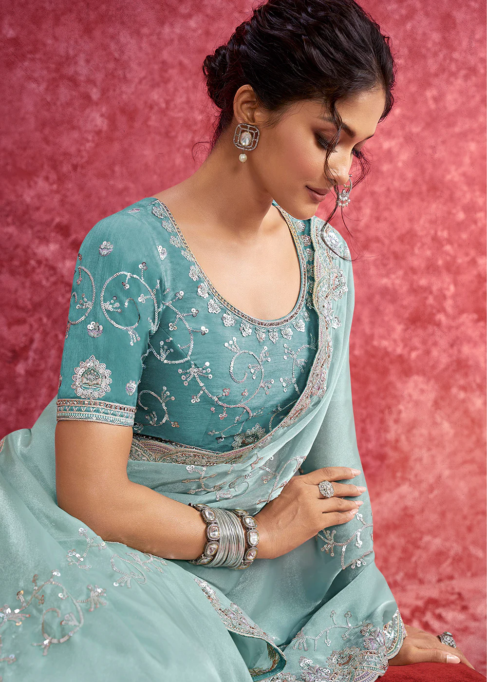 Exquisite Mint Blue Embroidered Wedding Wear Saree - Image 2