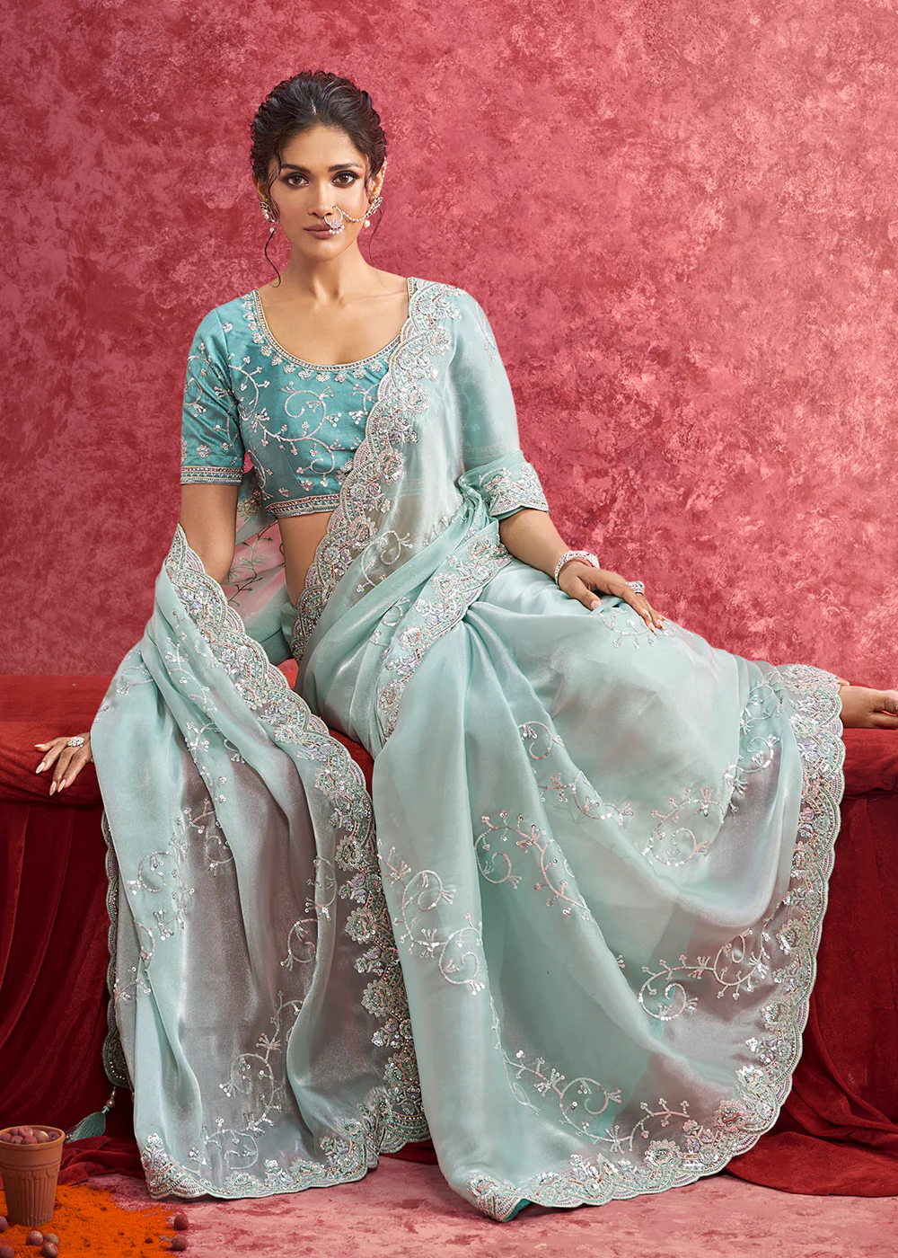 Exquisite Mint Blue Embroidered Wedding Wear Saree - Image 4