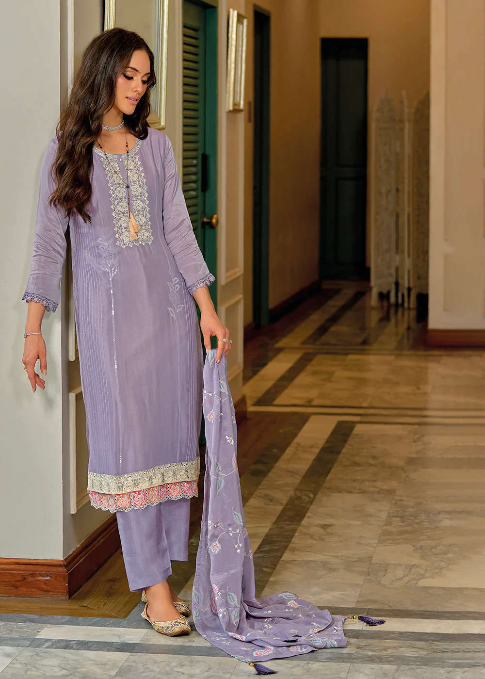 Exquisite Purple Premium Silk Festive Wear Salwar Suit - Image 3