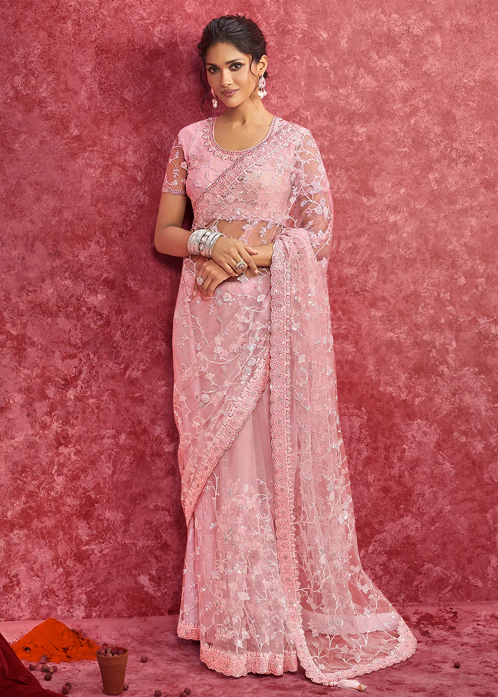 Exquisite Rose Pink Embroidered Wedding Wear Saree
