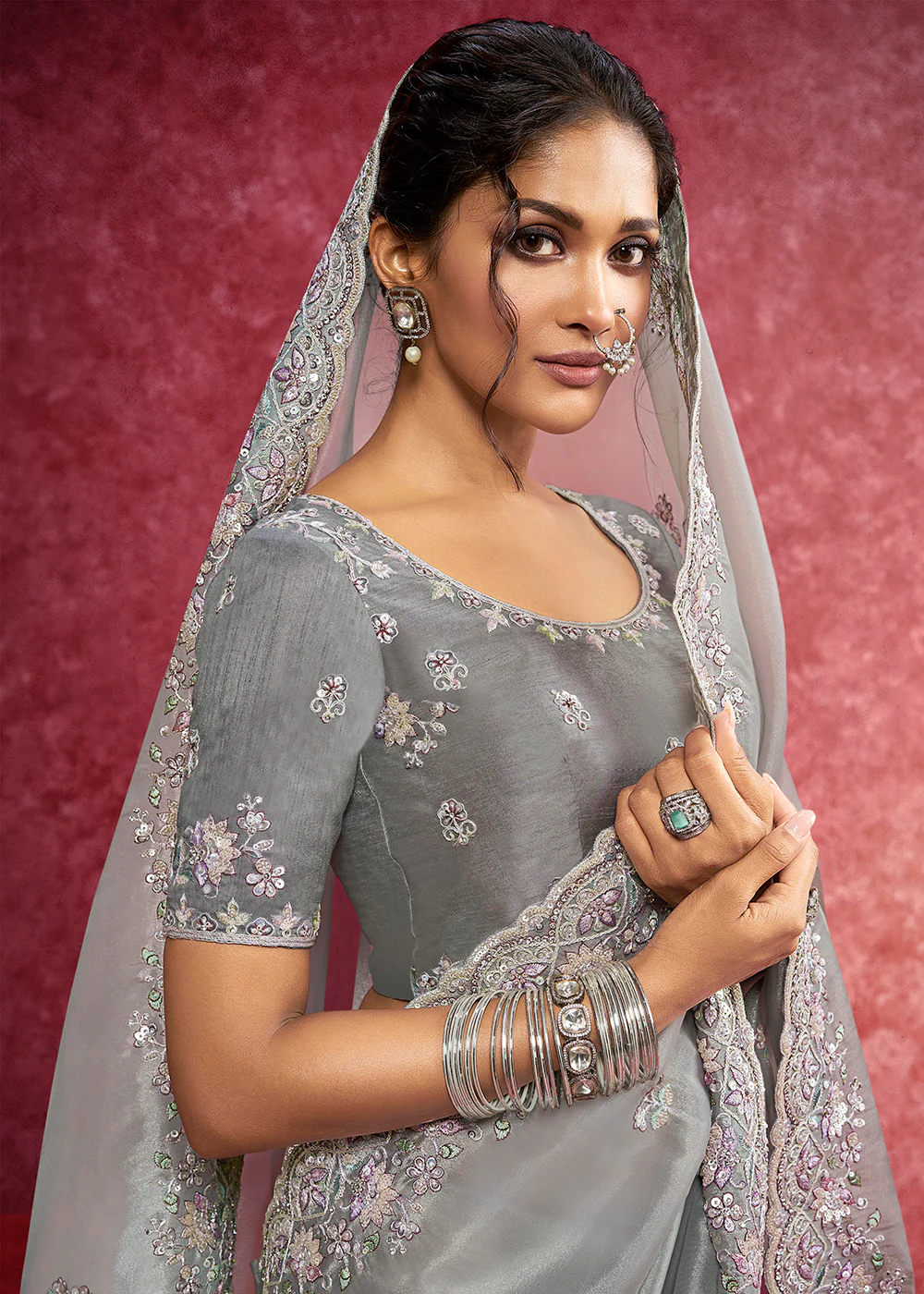 Exquisite Silver Grey Embroidered Wedding Wear Saree - Image 2