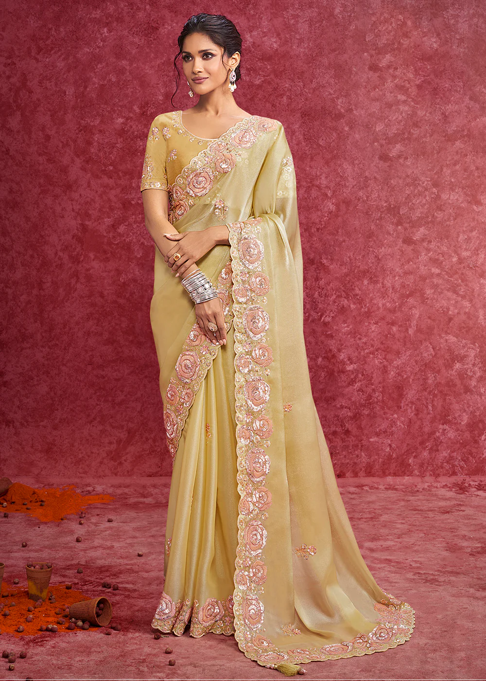 Exquisite Yellow Embroidered Wedding Wear Saree