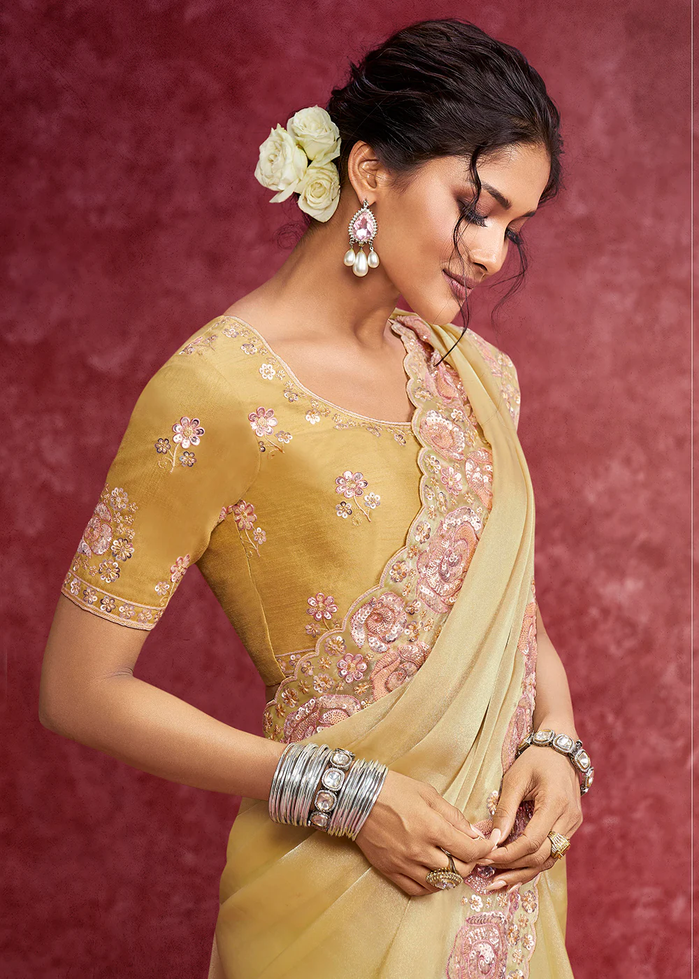 Exquisite Yellow Embroidered Wedding Wear Saree - Image 2