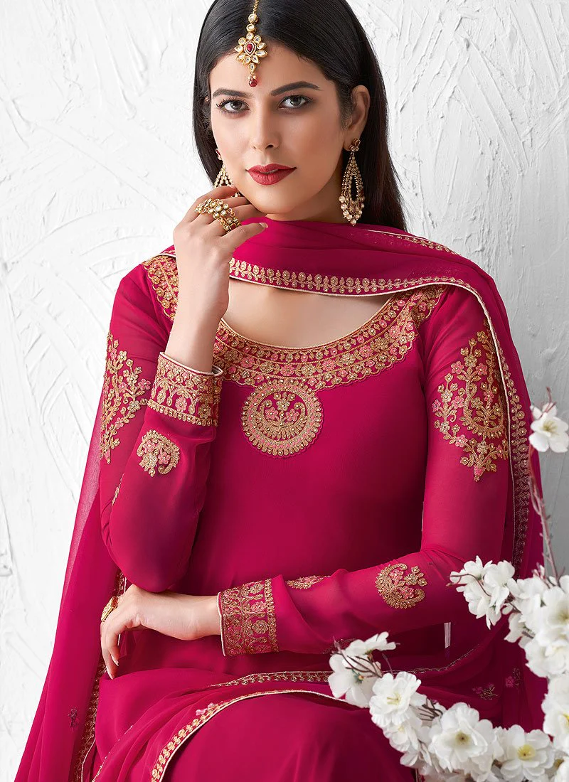 Eye-Catching Pink Embroidered Georgette Palazzo Suit - Image 2