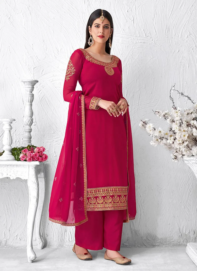Eye-Catching Pink Embroidered Georgette Palazzo Suit - Image 3