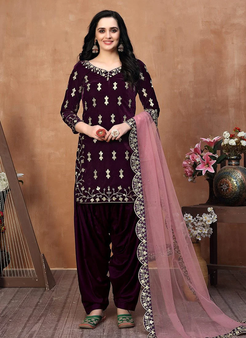 Eye-Catching Purple Embroidered Designer Velvet Patiala Suit - Image 3