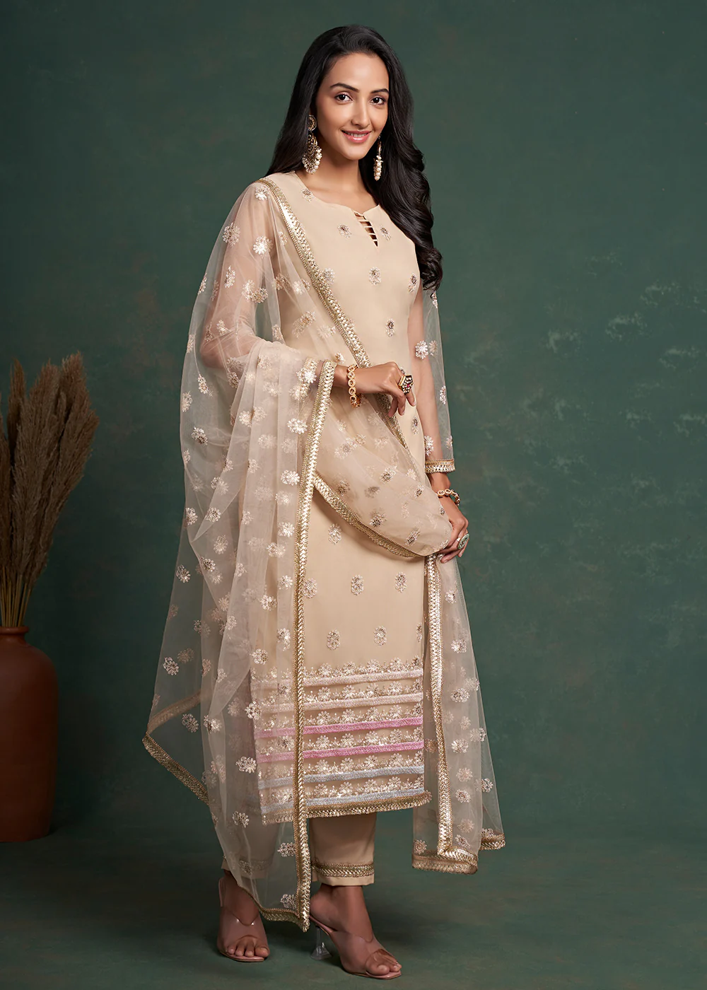 Fabulous Beige Zari & Sequins Work Net Wedding Wear Salwar Suit