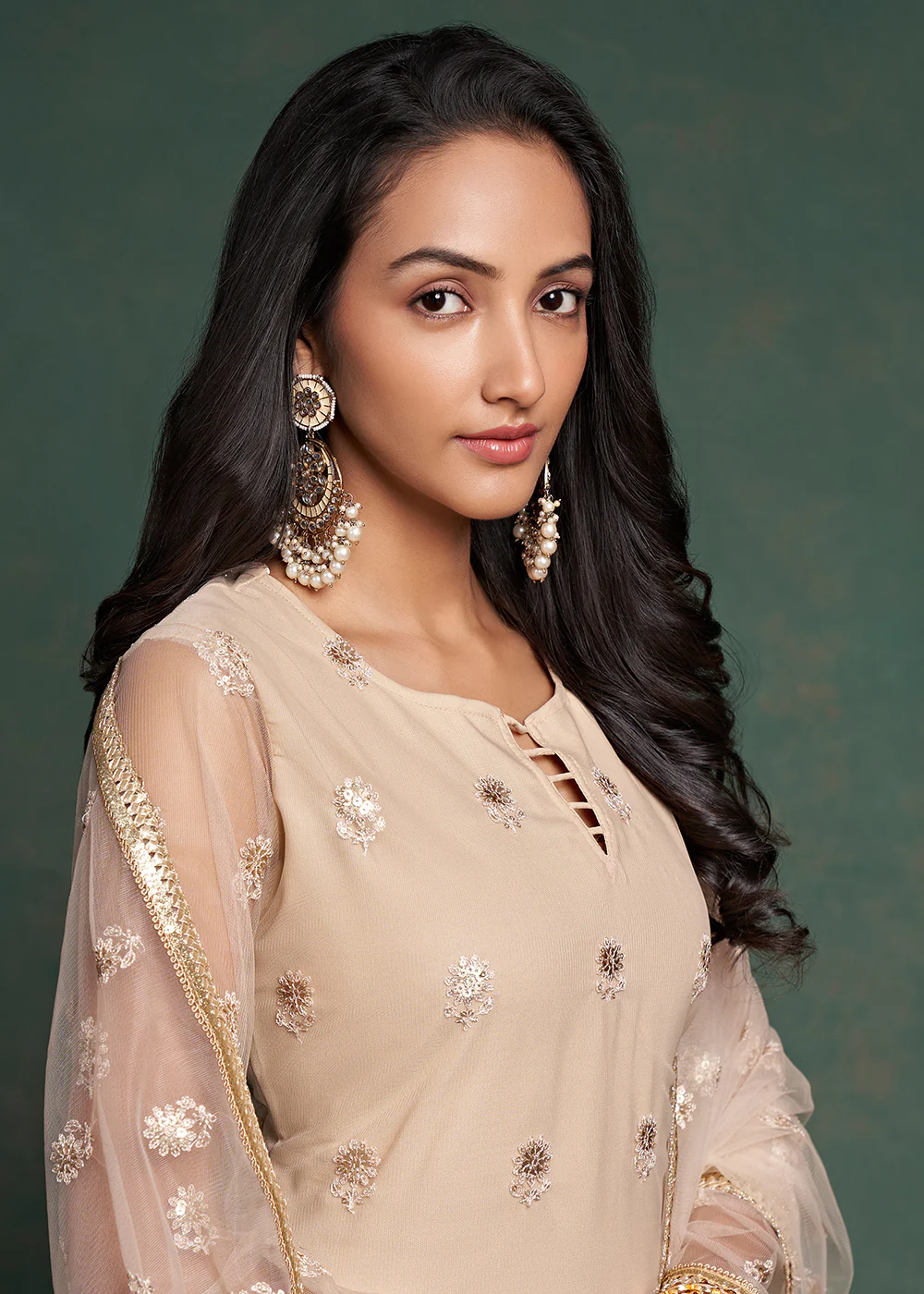 Fabulous Beige Zari & Sequins Work Net Wedding Wear Salwar Suit - Image 2