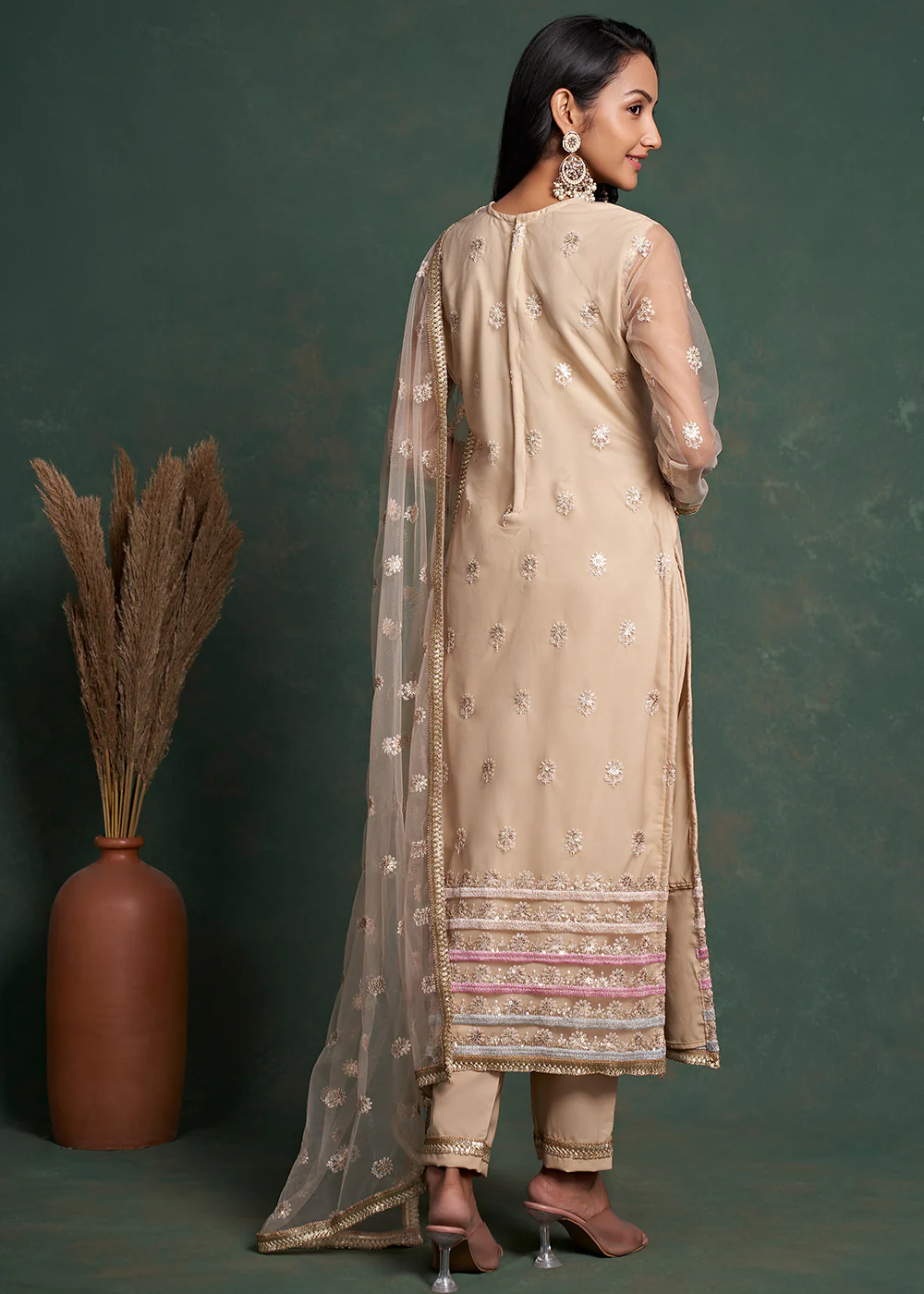 Fabulous Beige Zari & Sequins Work Net Wedding Wear Salwar Suit - Image 3
