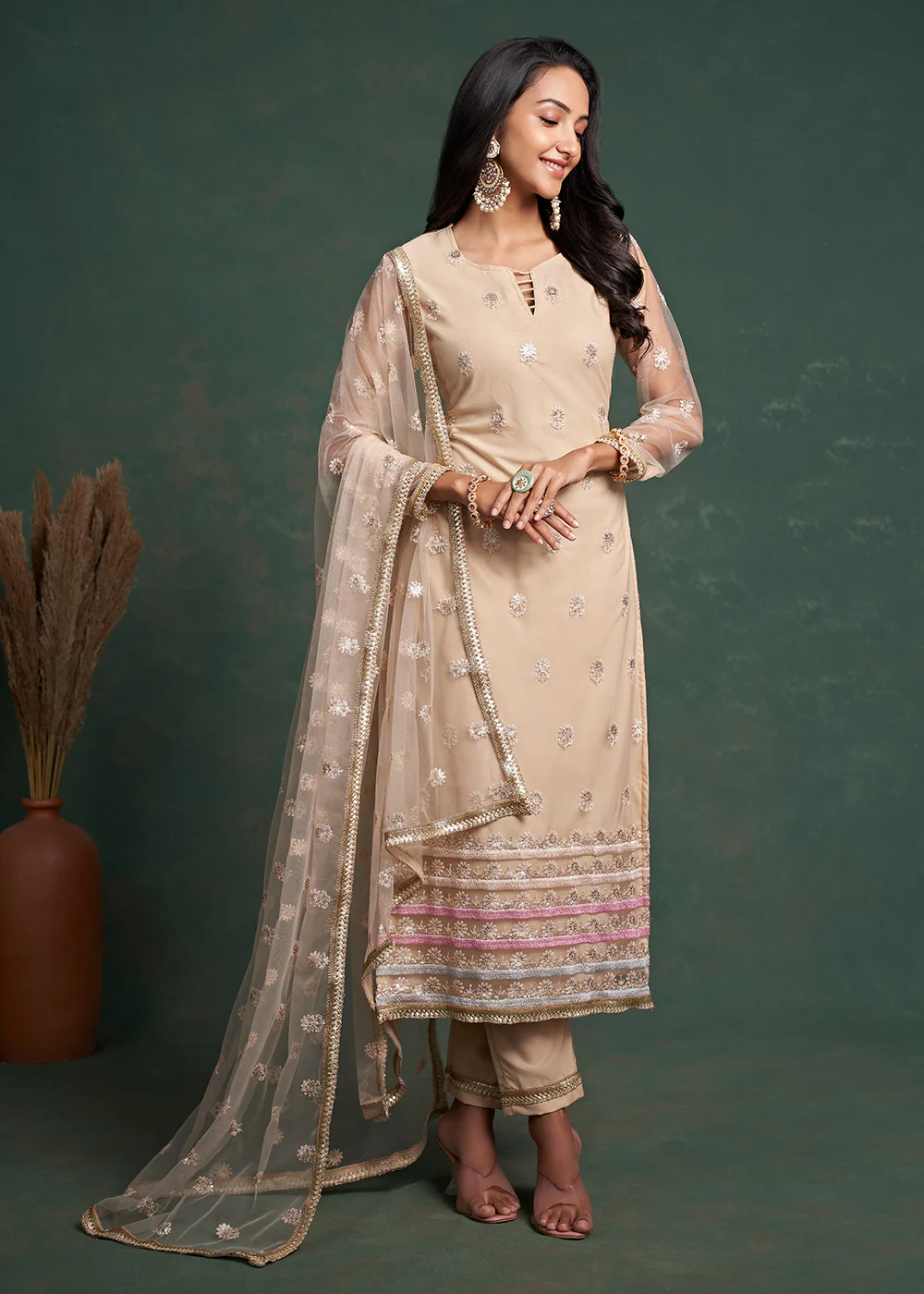 Fabulous Beige Zari & Sequins Work Net Wedding Wear Salwar Suit - Image 4