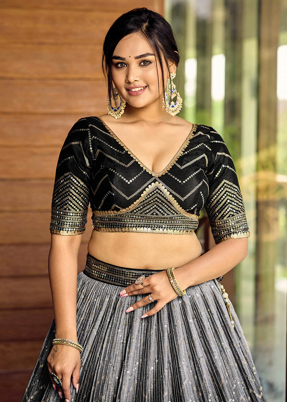 Fabulous Black Chinnon Embroidered Reception Lehenga Choli - Image 10