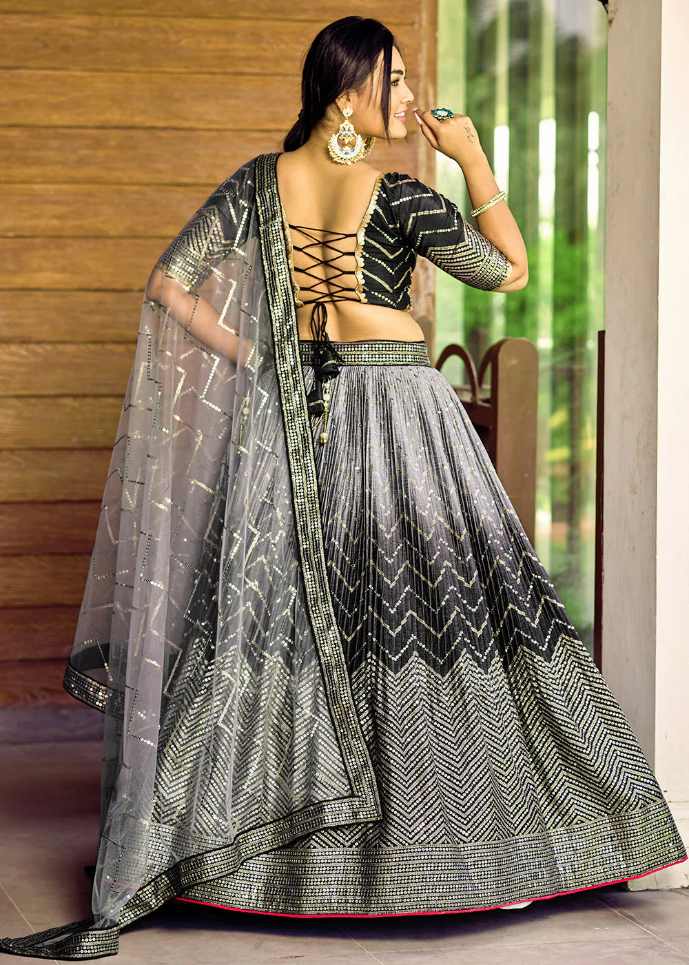 Fabulous Black Chinnon Embroidered Reception Lehenga Choli - Image 3