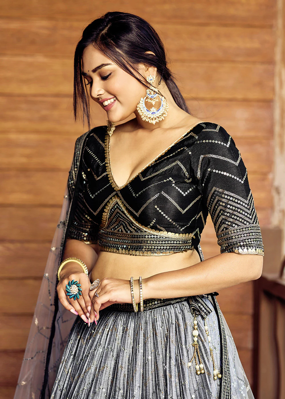 Fabulous Black Chinnon Embroidered Reception Lehenga Choli - Image 4