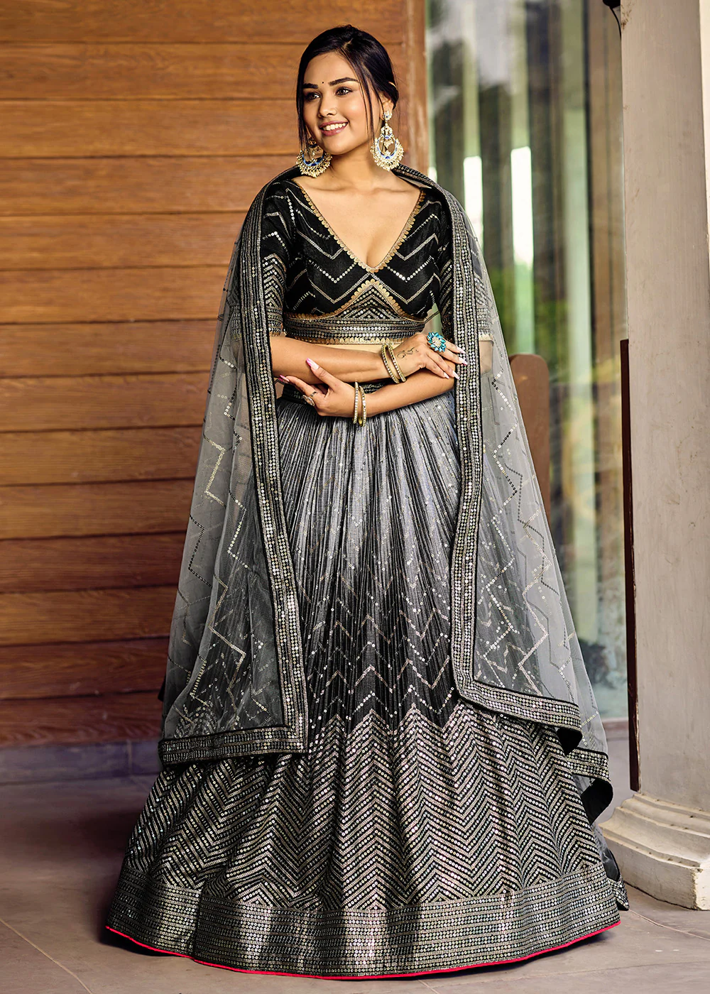 Fabulous Black Chinnon Embroidered Reception Lehenga Choli - Image 6