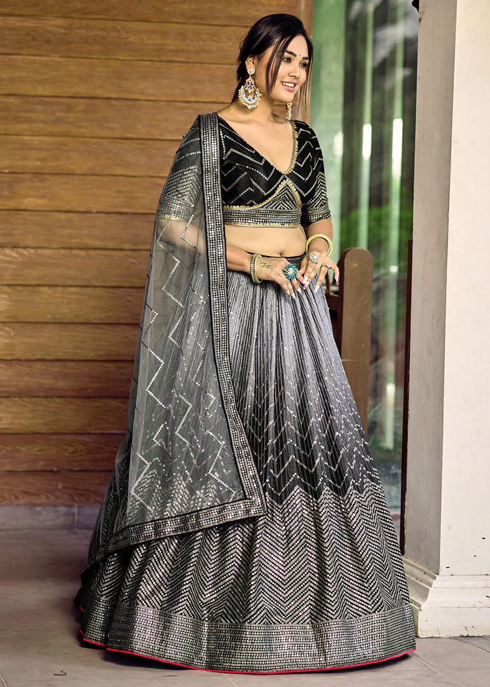 Fabulous Black Chinnon Embroidered Reception Lehenga Choli - Image 7