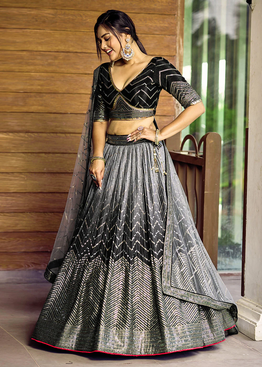 Fabulous Black Chinnon Embroidered Reception Lehenga Choli - Image 8