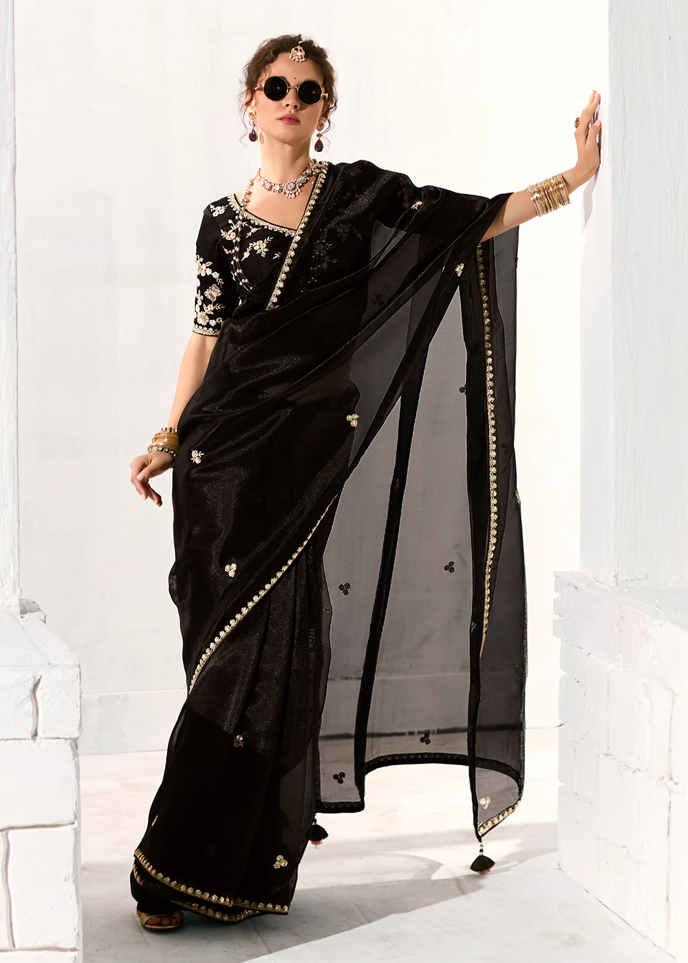 Fabulous Black Organza Tissue Embroidered Designer Saree - Image 4
