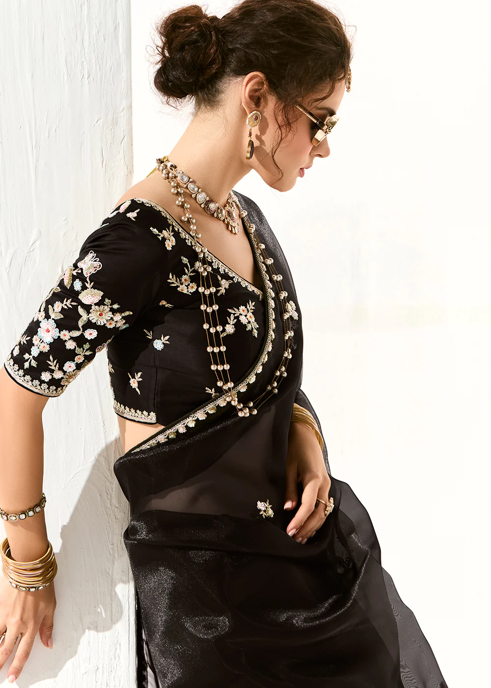 Fabulous Black Organza Tissue Embroidered Designer Saree - Image 5