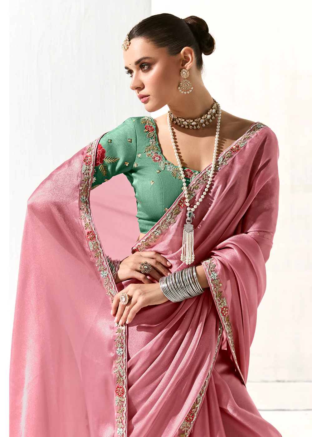 Fabulous Carnation Pink Organza Tissue Embroidered Designer Saree - Image 2