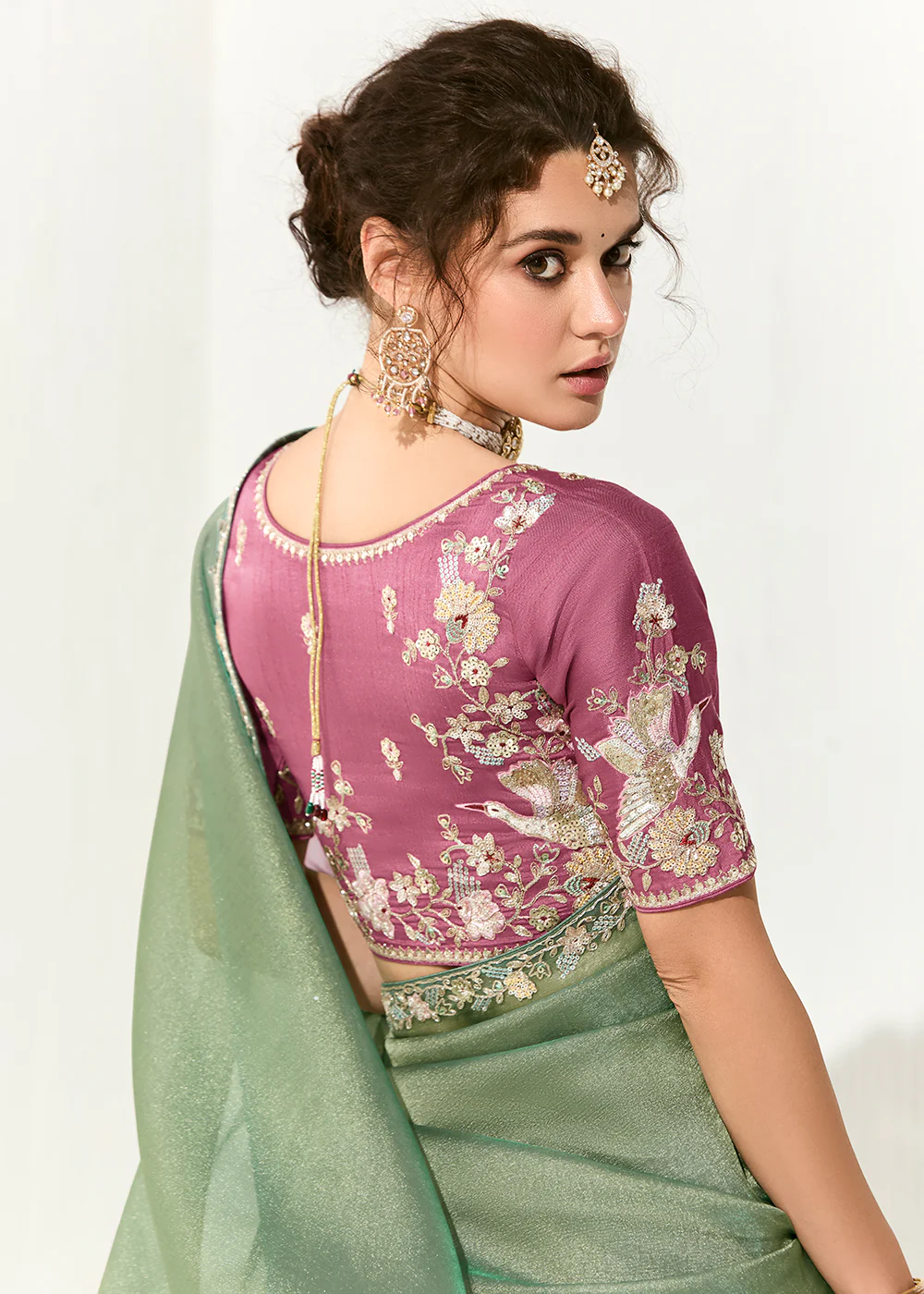Fabulous Green Organza Tissue Embroidered Designer Saree - Image 3