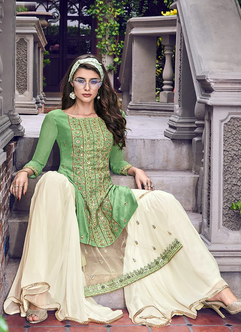 Fabulous Green Embroidered Designer Sharara Suit - Image 3