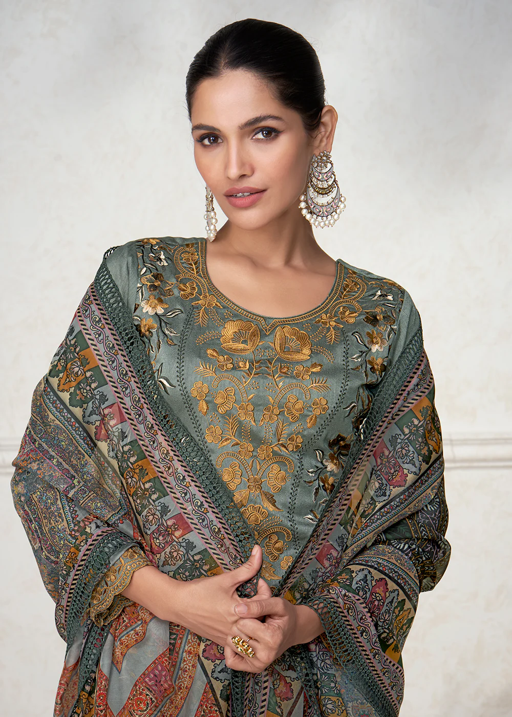 Fabulous Grey Floral Embroidered Silk Wedding Salwar Suit - Image 2