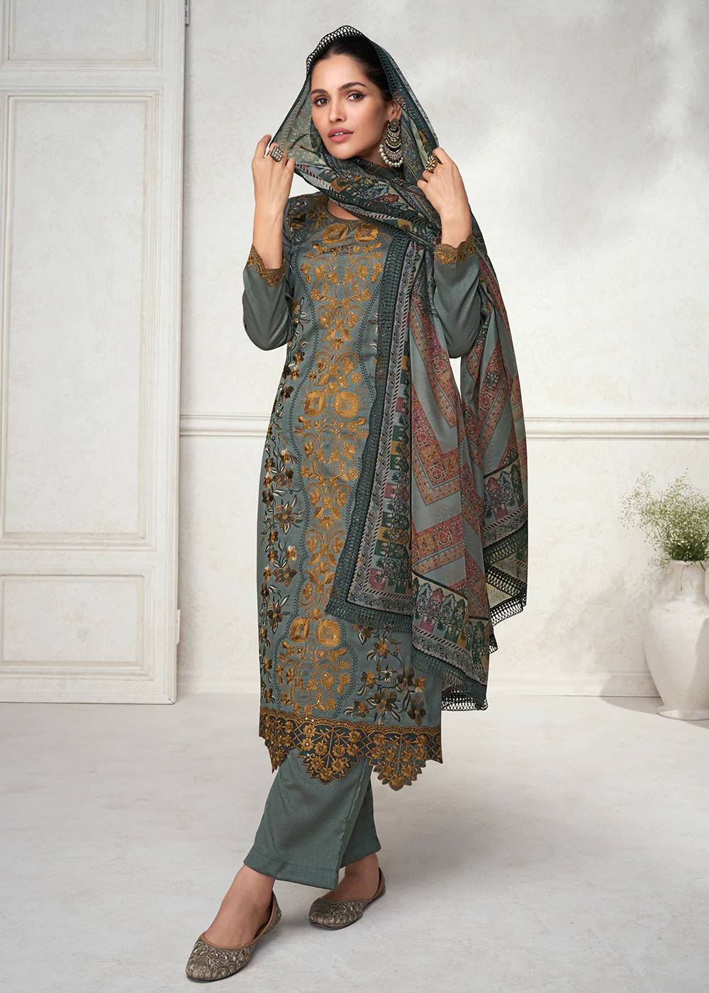 Fabulous Grey Floral Embroidered Silk Wedding Salwar Suit - Image 3