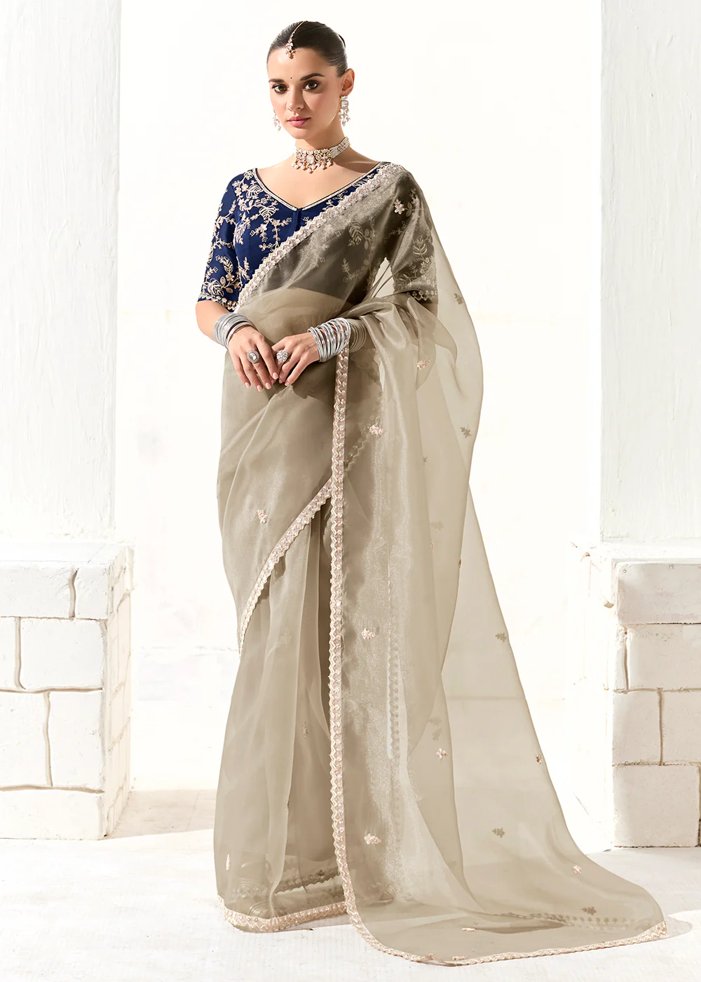 Fabulous Grey Organza Tissue Embroidered Designer Saree