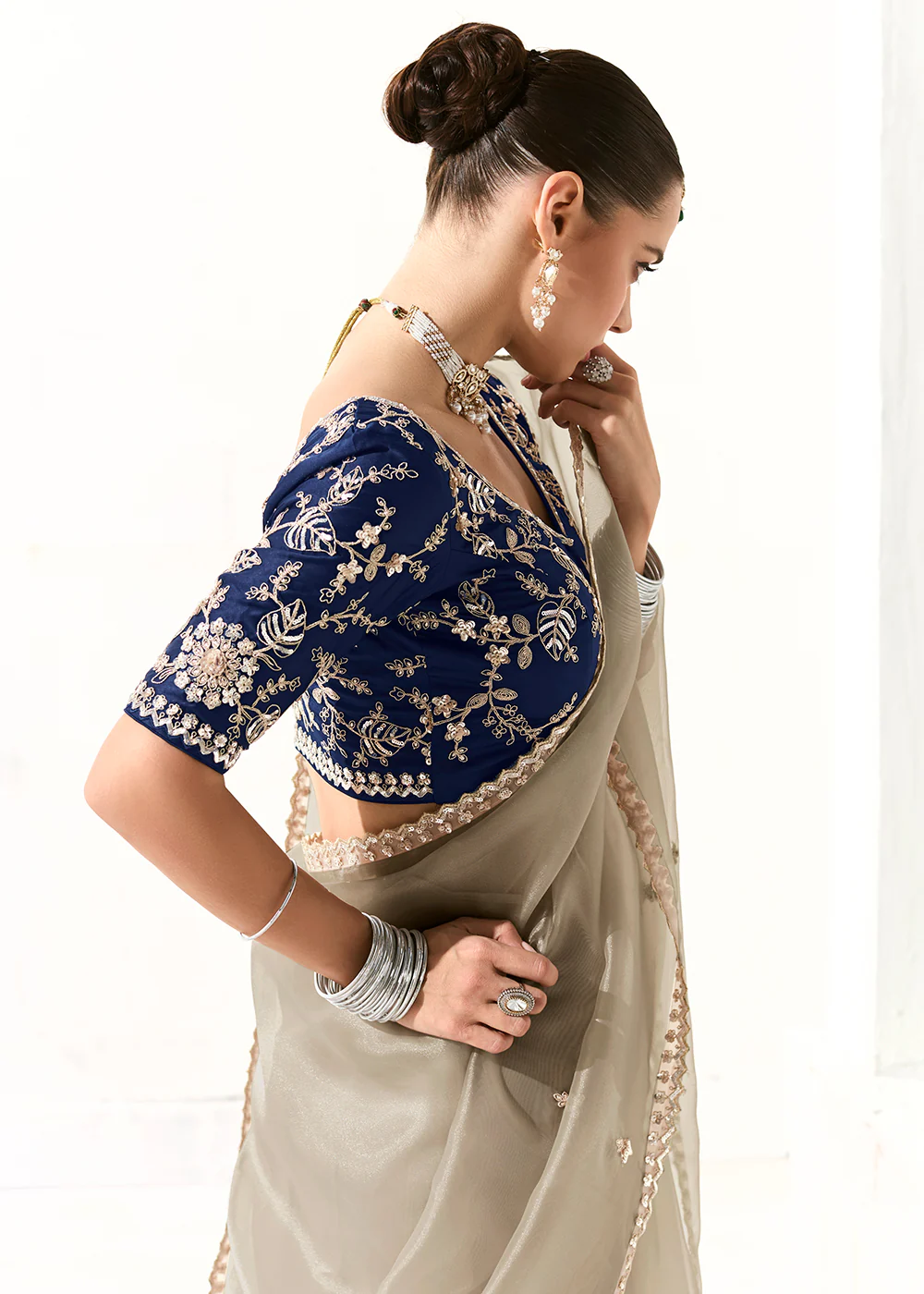 Fabulous Grey Organza Tissue Embroidered Designer Saree - Image 2