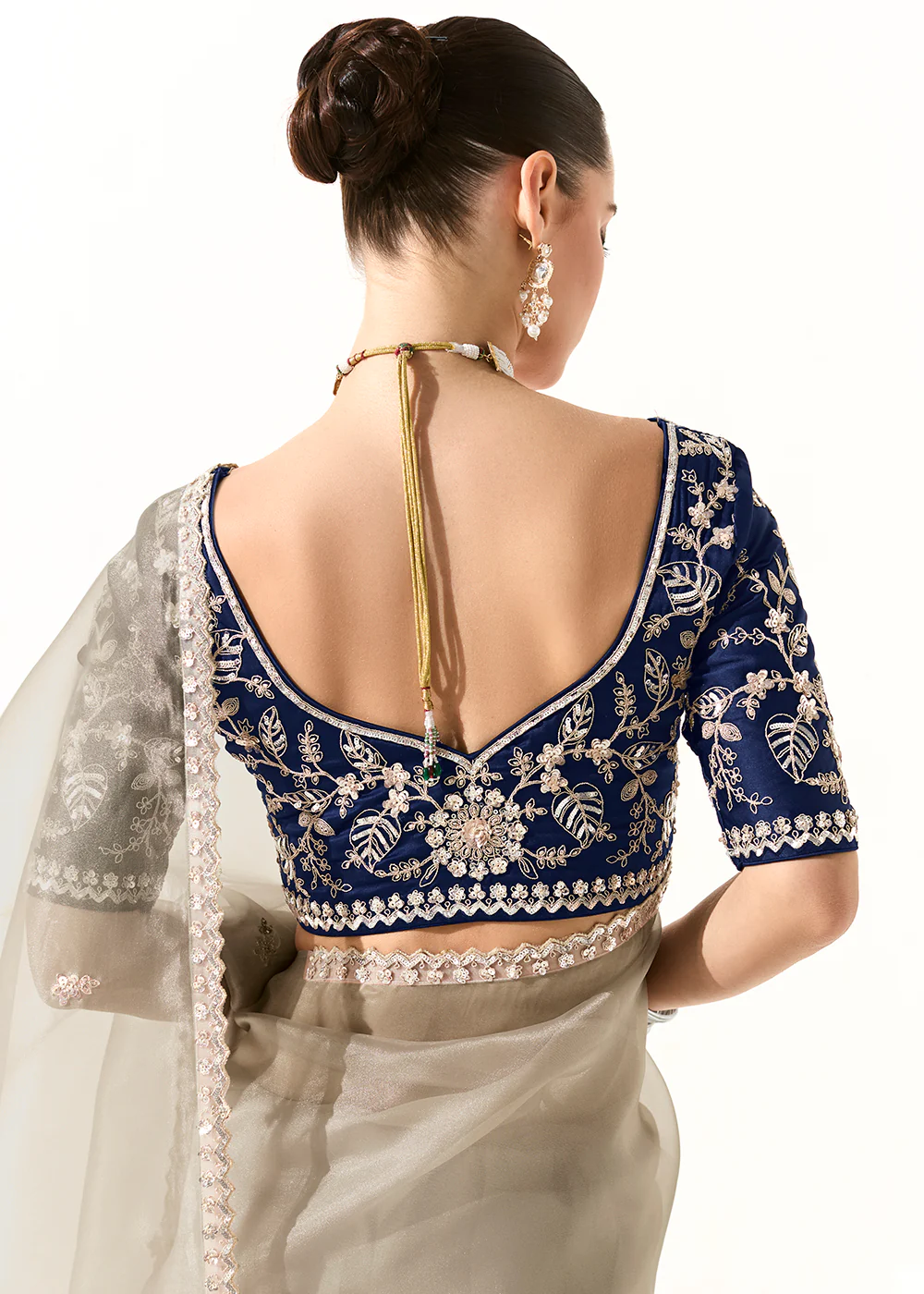 Fabulous Grey Organza Tissue Embroidered Designer Saree - Image 3