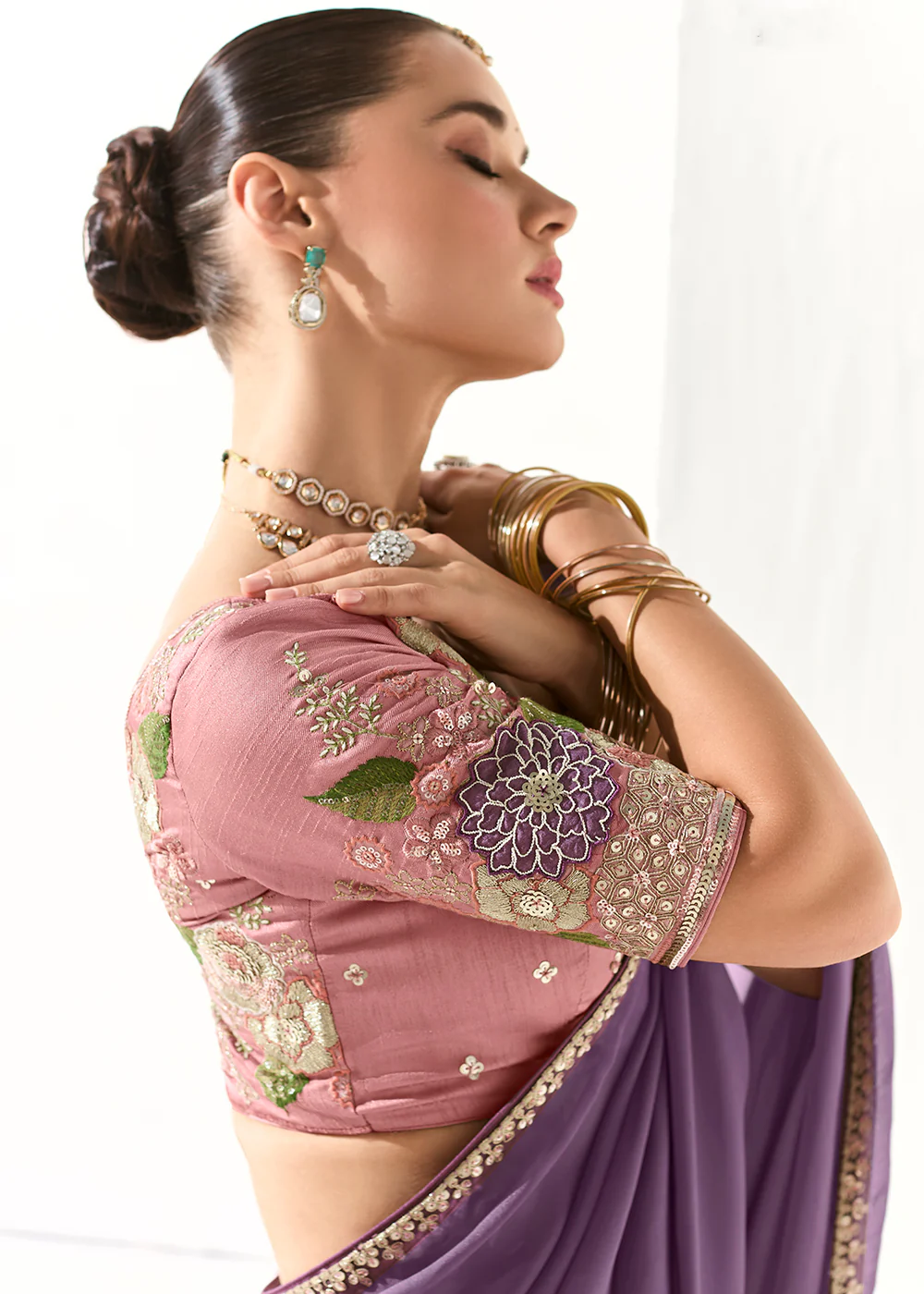 Fabulous Lavender Organza Tissue Embroidered Designer Saree - Image 2