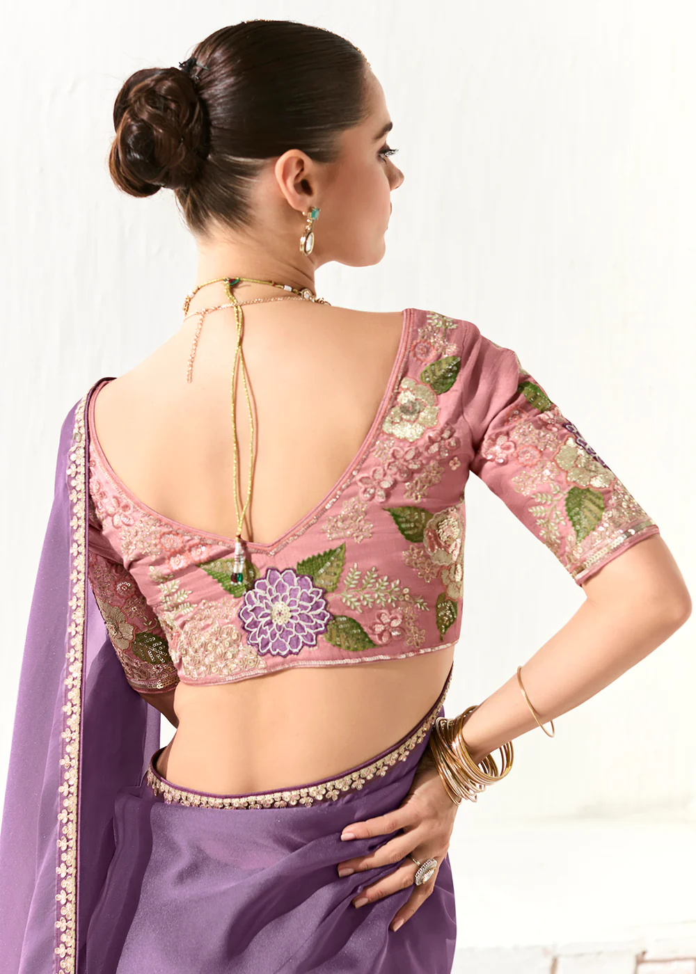Fabulous Lavender Organza Tissue Embroidered Designer Saree - Image 3