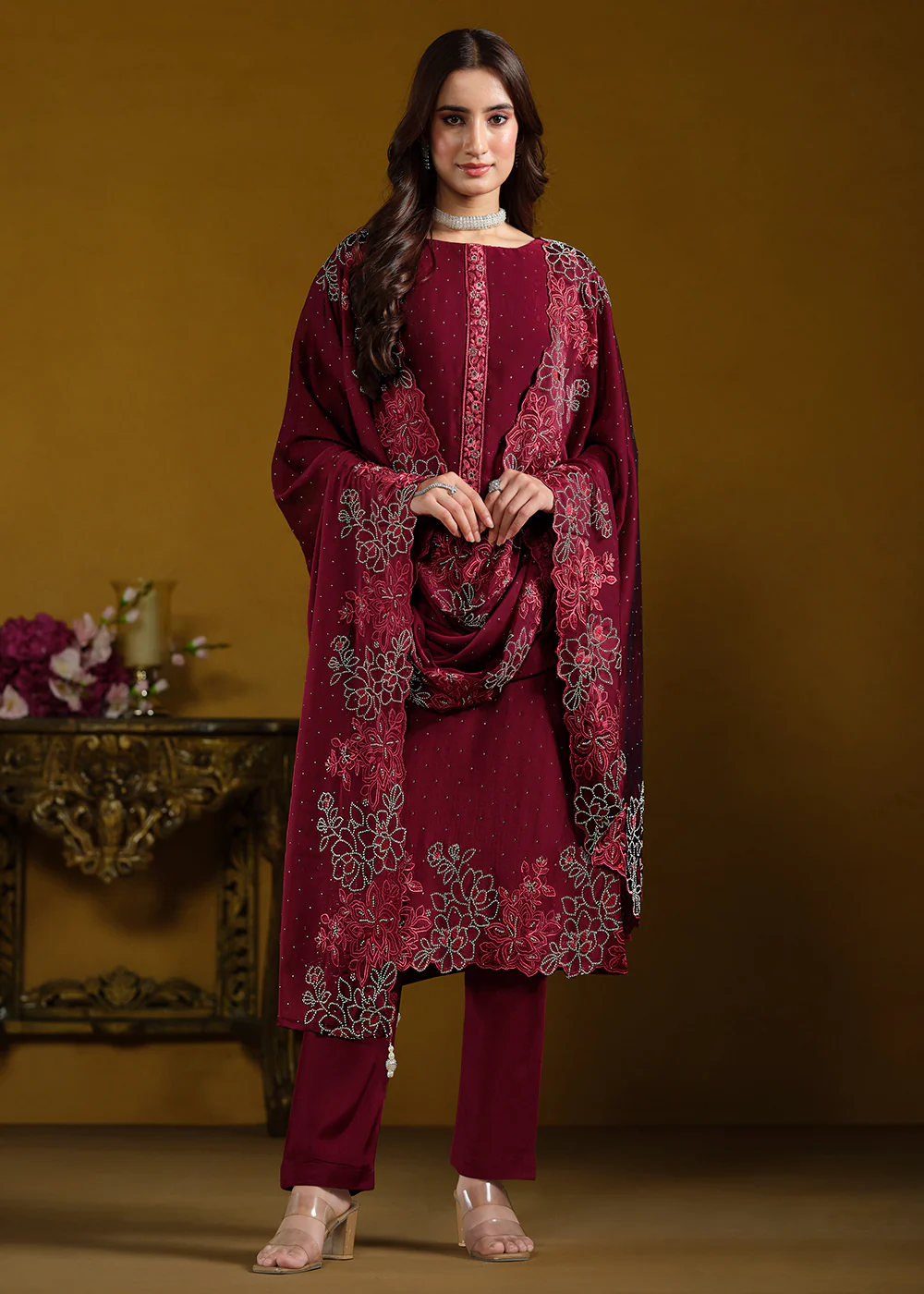 Fabulous Maroon Georgette Festive Pant Salwar Suit