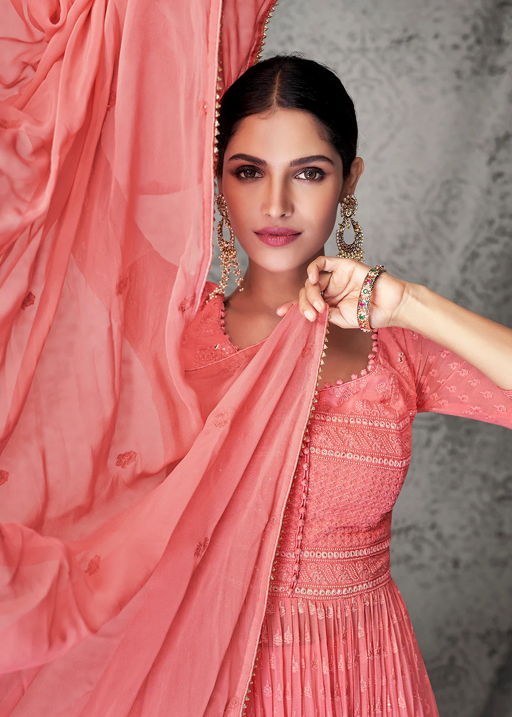 Fabulous Peach Georgette Wedding & Festival Palazzo Suit - Image 4