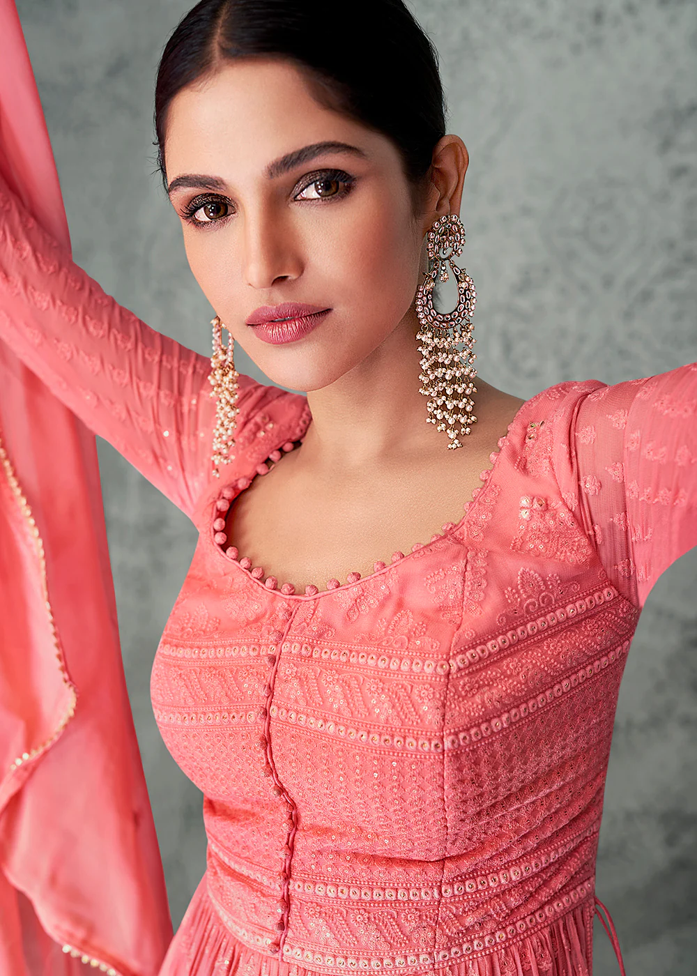 Fabulous Peach Georgette Wedding & Festival Palazzo Suit - Image 5