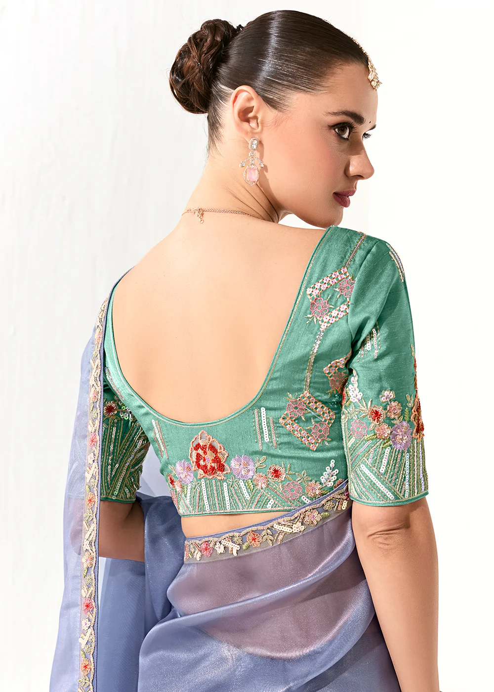 Fabulous Periwinkle Organza Tissue Embroidered Designer Saree - Image 3